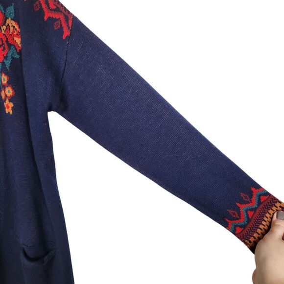 MAXSPORT‎ Sweater Womens Medium Blue Floral Open Long Cardigan Pockets Boho - Picture 4 of 8